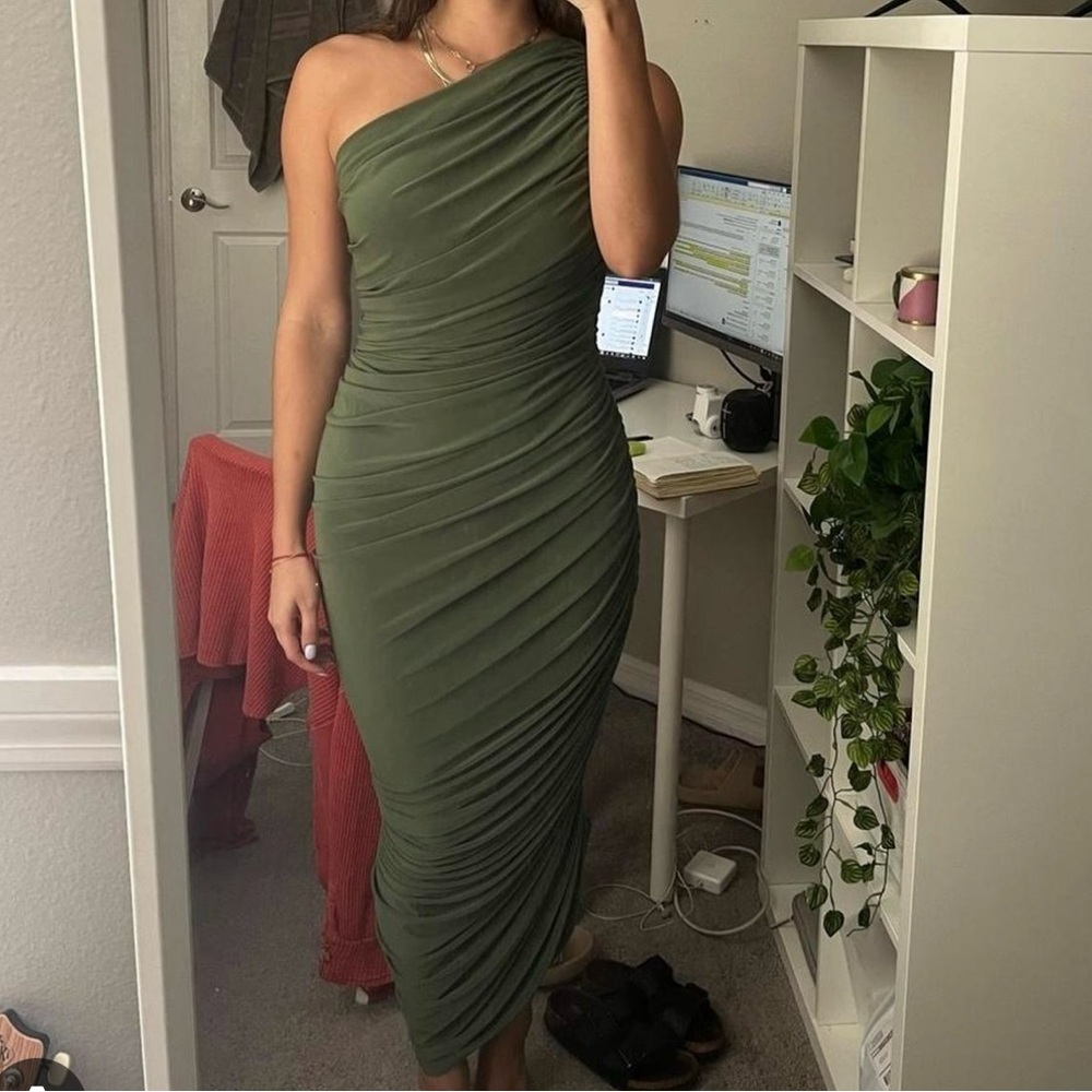 Norma Kamali One-Shoulder Diana Dress in Olive